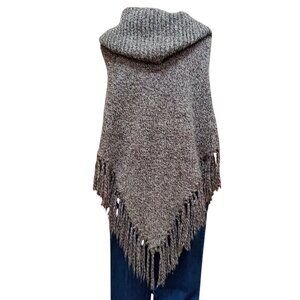 BCBGMaxAzria Cowl Neck Knit Poncho with Accenting Fringed Hemline